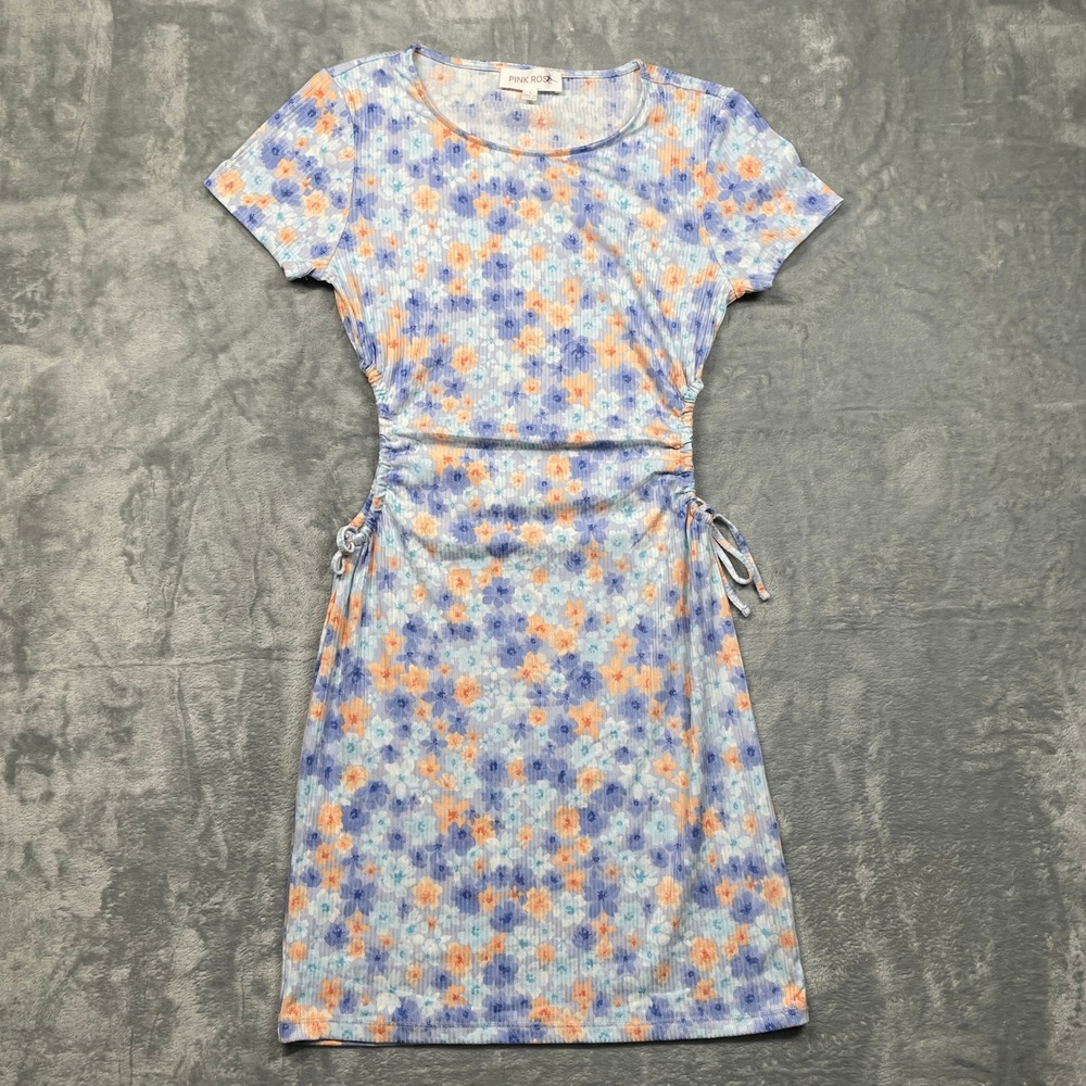 Pink Rose Floral Mini Dress Womens‎ Large Blue Ruched Side Drawstring Ribbed